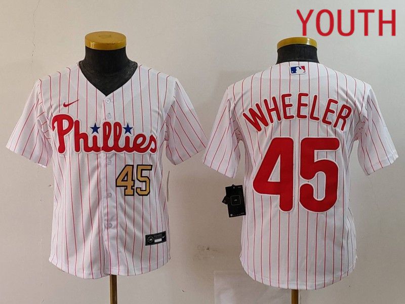 Youth Philadelphia Phillies #45 Wheeler White stripe Nike Game 2024 MLB Jersey style 2->youth mlb jersey->Youth Jersey